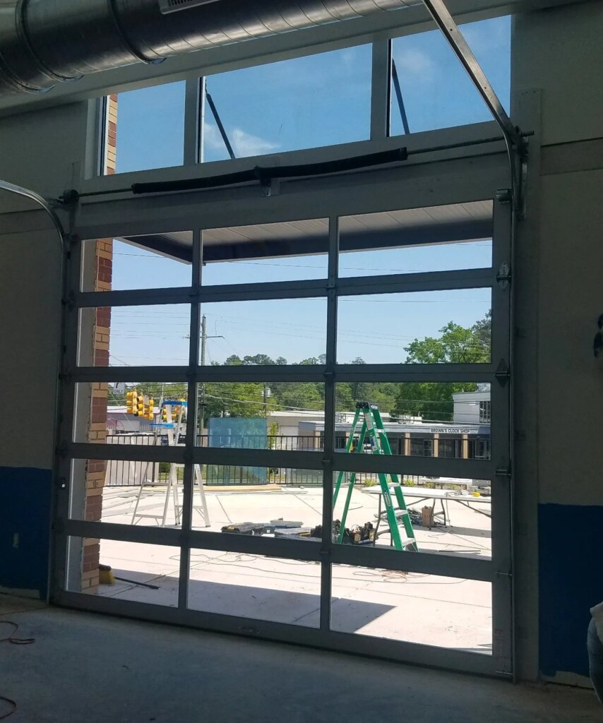 Full View Glass Commercial Garage Door Installation - Raleigh, NC - ral-rest-inside-854x1024